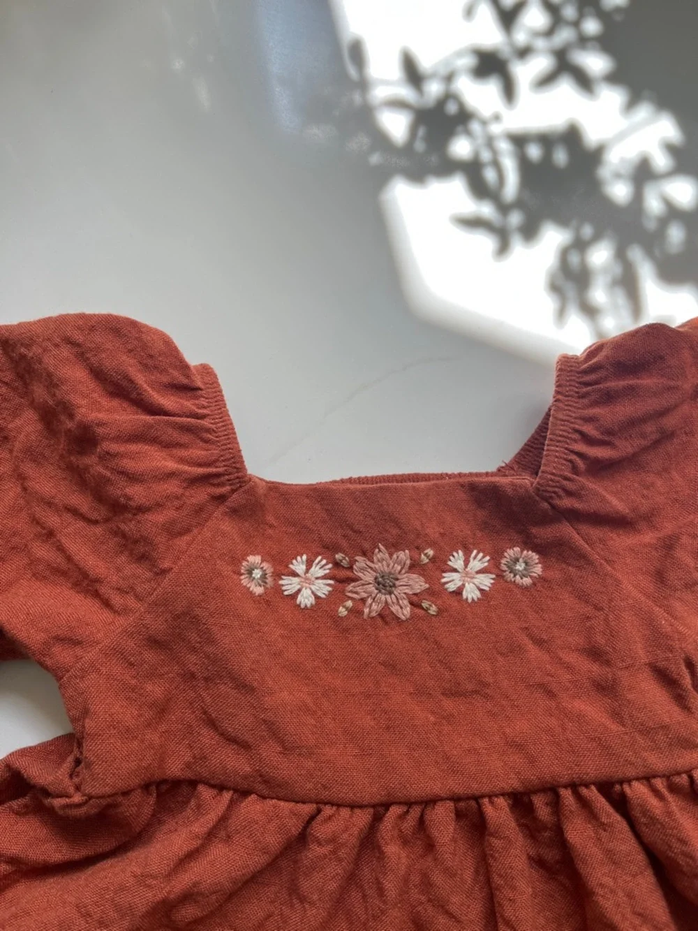 Rust Orange Floral Embroidered Ruffle Kids Dress - Picture 3 of 4